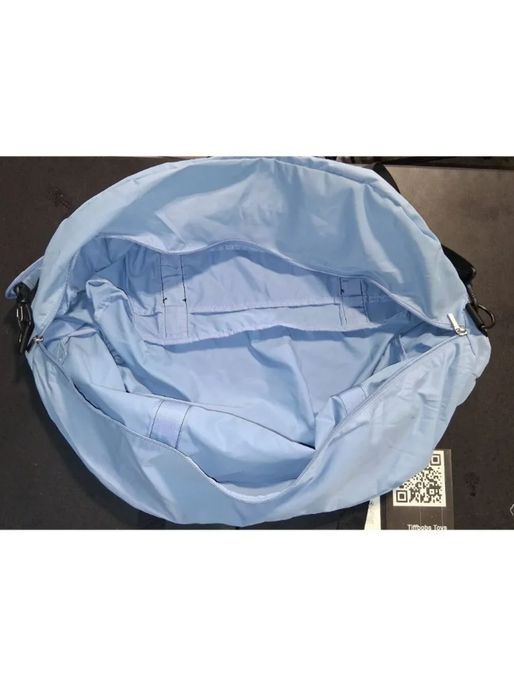 Light Blue Oversized Duffel Bag With Black Straps & Detachable Shoulder Strap